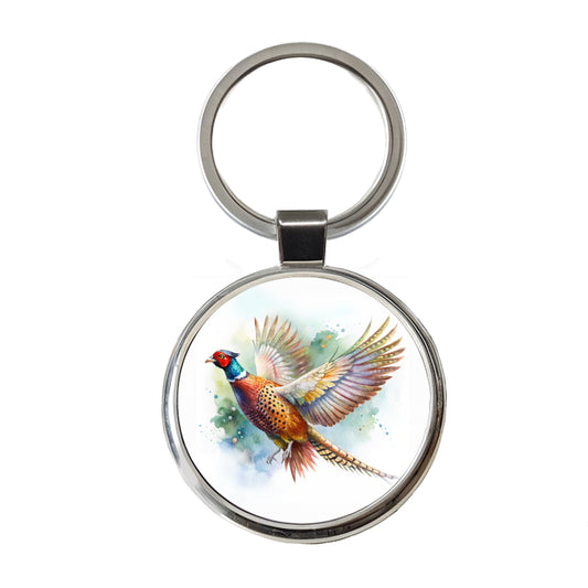 Pheasant In Flight Watercolor Round Metal Keychain