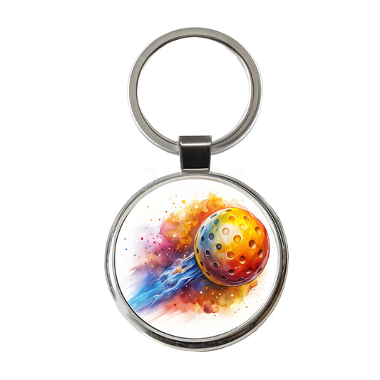 Pickleball Ball Rocketing Through The Air Watercolor Round Metal Keychain