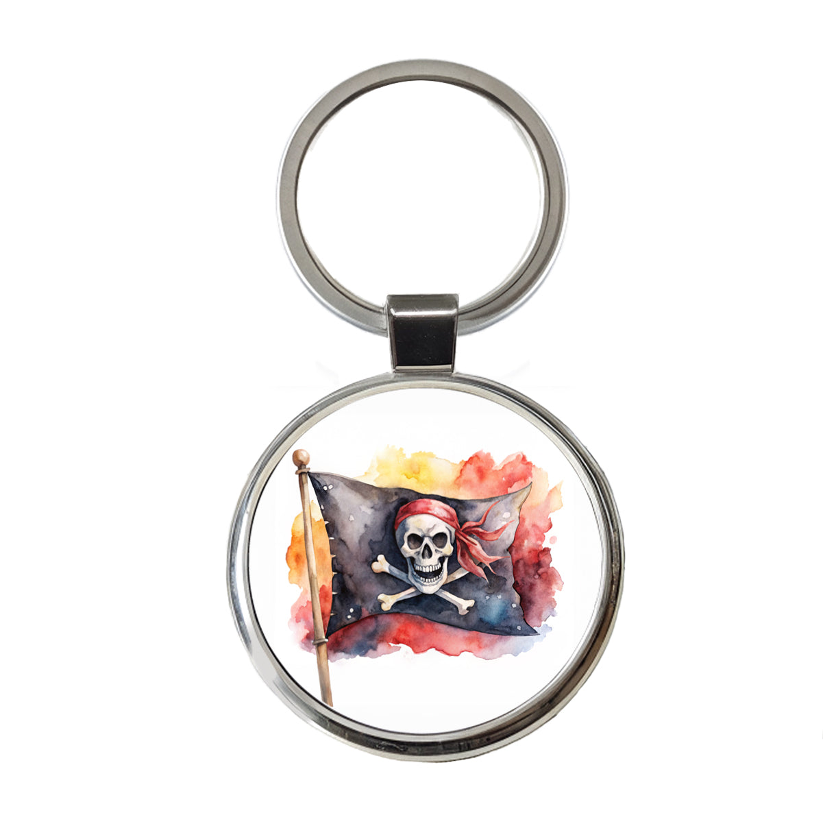 Pirate Jolly Roger Skull Crossbones Flag Watercolor Round Metal Keychain