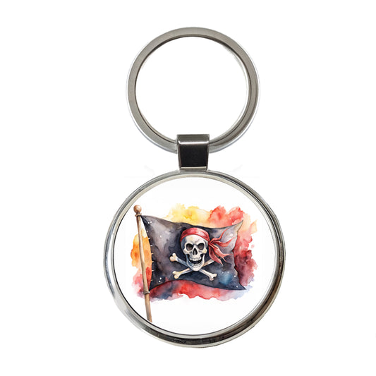 Pirate Jolly Roger Skull Crossbones Flag Watercolor Round Metal Keychain