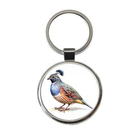 Quail Watercolor Round Metal Keychain