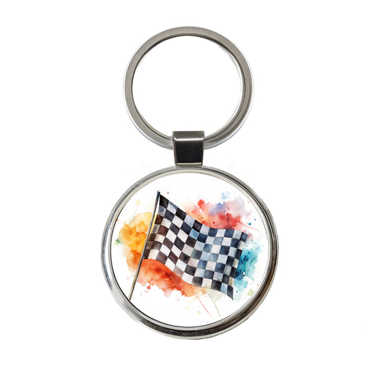 Racing Checkered Flag Watercolor Round Metal Keychain
