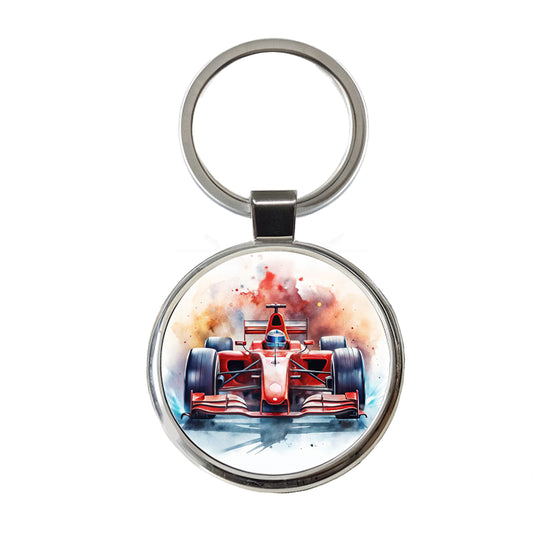 Red Sports Racing Car Watercolor Round Metal Keychain