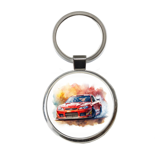 Red Stock Racing Car Watercolor Round Metal Keychain