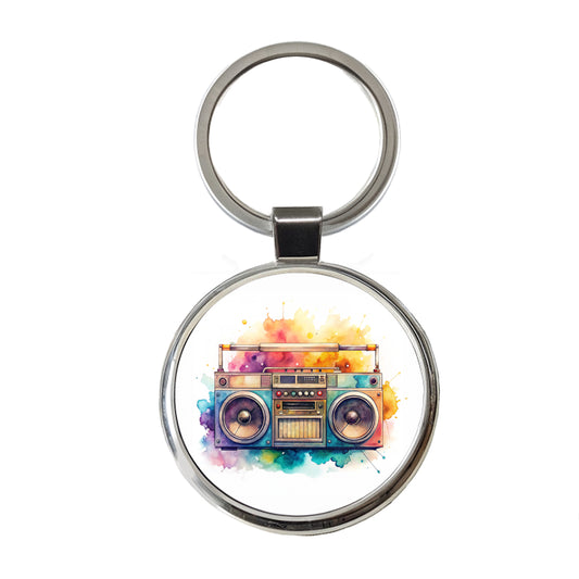 Retro Boom Box Radio Cassette Player Watercolor Round Metal Keychain