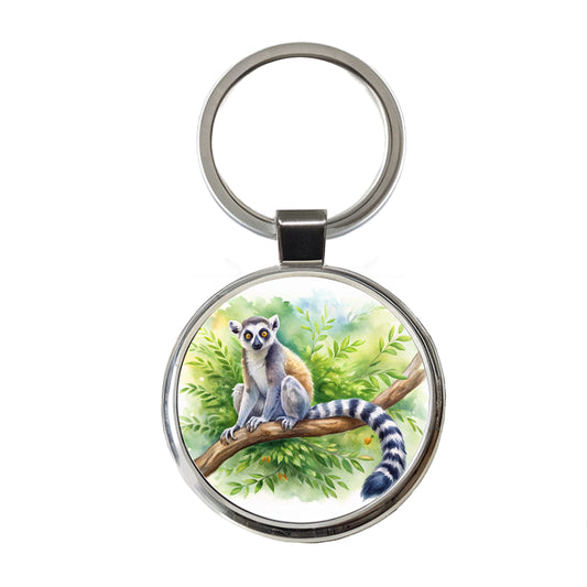 Ring-Tailed Lemur In Tree Watercolor Round Metal Keychain