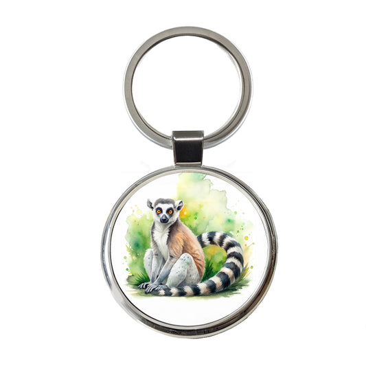 Ring-Tailed Lemur Watercolor Round Metal Keychain
