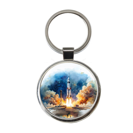 Rocket Spaceship Launch Sci-fi Watercolor Round Metal Keychain