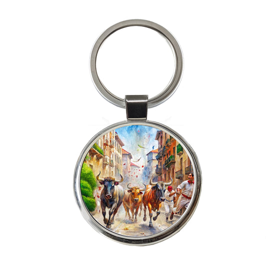 Running of the Bulls in Spain Round Metal Keychain