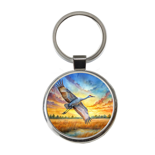 Sandhill Crane In Flight At Sunset Watercolor Round Metal Keychain