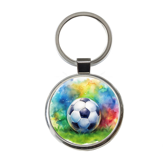 Soccer Ball On Field Watercolor Round Metal Keychain