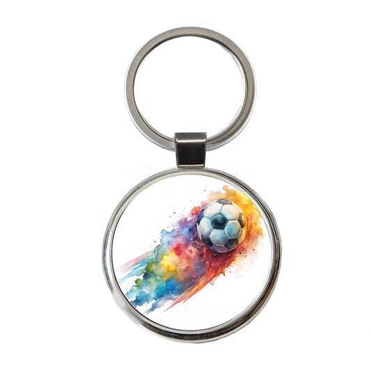 Soccer Ball Rocketing Through The Air Watercolor Round Metal Keychain
