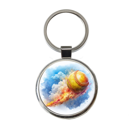 Softball Rocketing Through The Sky Watercolor Round Metal Keychain