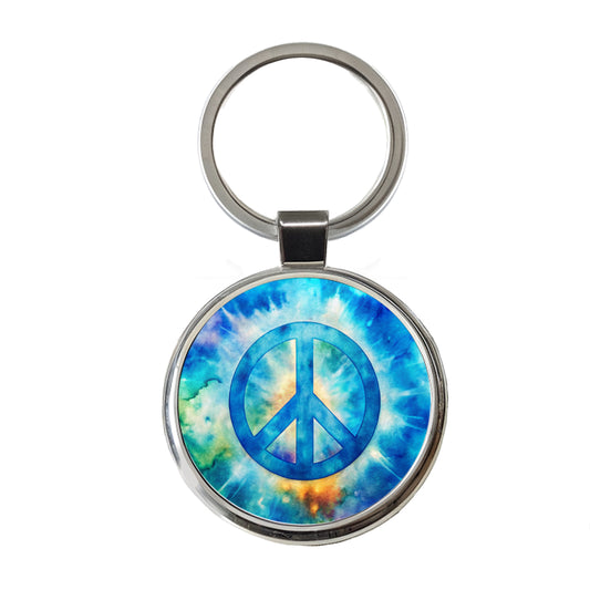 Solid Blue Peace Symbol Tie Dye Background Hippie Watercolor Round Metal Keychain