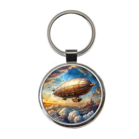 Steampunk Airship Dirigible Flying in Cloudy Sky Fantasy Sci-fi Round Metal Keychain