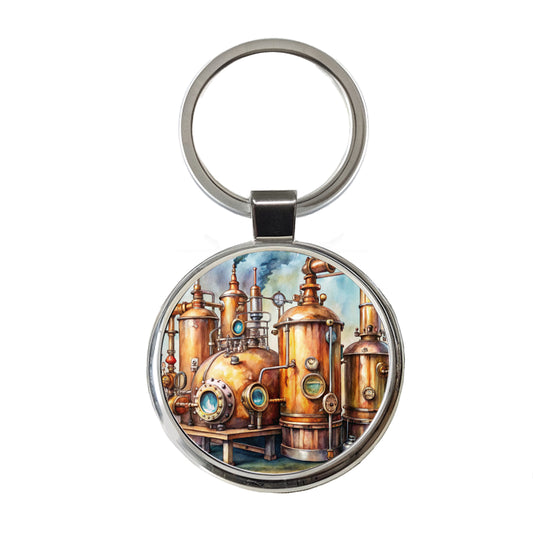 Steampunk Beer Alcohol Still Pipes And Gauges Round Metal Keychain