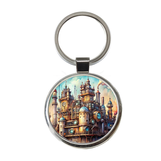 Steampunk Castle City Fantasy Sci-fi Round Metal Keychain