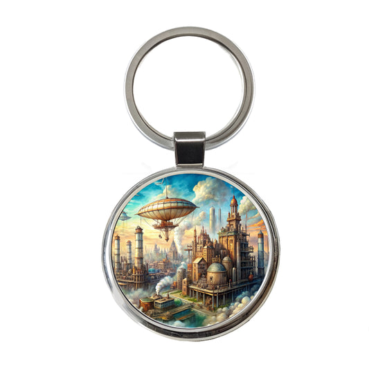 Steampunk City and Airship Fantasy Sci-fi Scene Round Metal Keychain