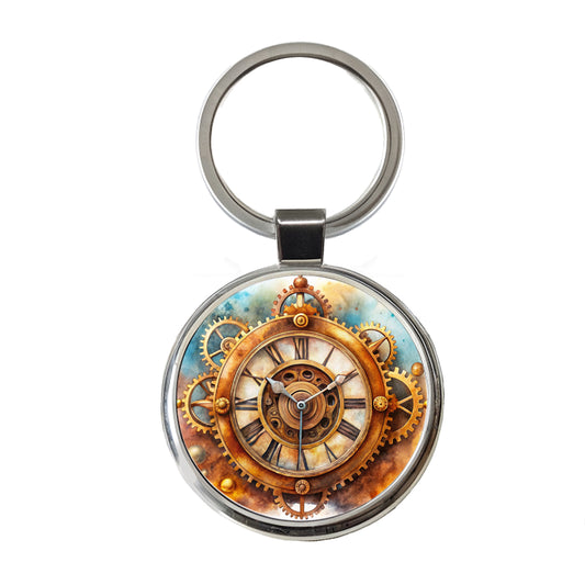 Steampunk Clock Fantasy Sci-fi Watercolor Round Metal Keychain