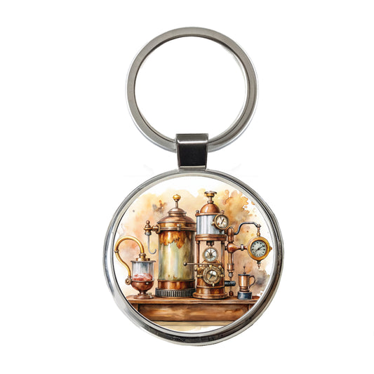 Steampunk Coffee Maker Fantasy Sci-fi Watercolor Round Metal Keychain