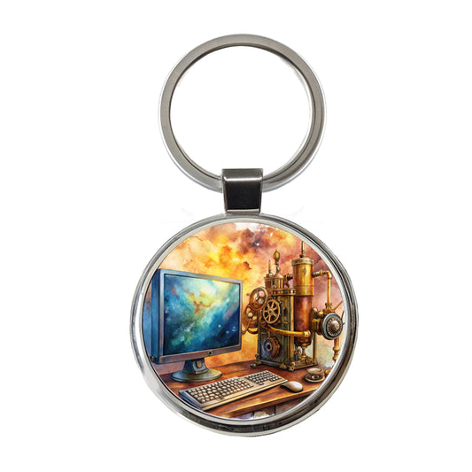 Steampunk Desktop PC Computer Fantasy Sci-fi Watercolor Round Metal Keychain