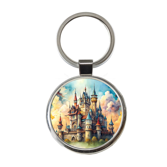 Steampunk Fantasy Castle Watercolor Round Metal Keychain