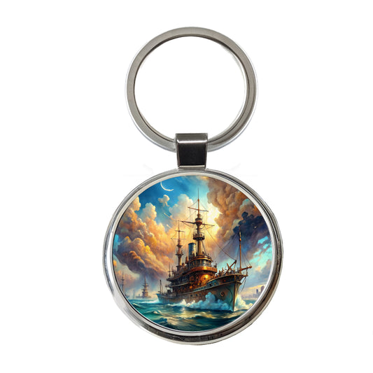 Steampunk Iron Warship Fantasy Sci-fi Watercolor Round Metal Keychain