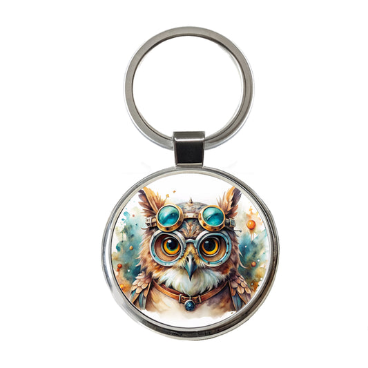 Steampunk Owl With Goggles Fantasy Sci-fi Watercolor Round Metal Keychain