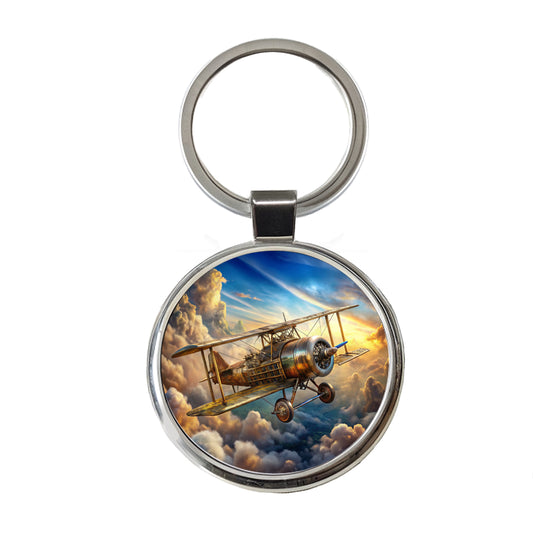 Steampunk Plane Airship in Cloudy Sky Fantasy Sci-fi Round Metal Keychain
