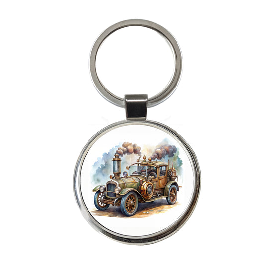 Steampunk Retro Fantasy Sci-fi Car Watercolor Round Metal Keychain