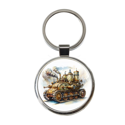 Steampunk Steam Engine Tank Fantasy Sci-fi Round Metal Keychain
