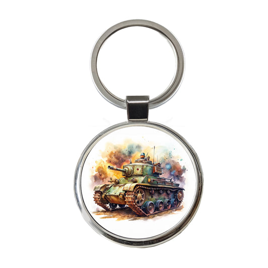 Steampunk Tank Fantasy Sci-fi Watercolor Round Metal Keychain