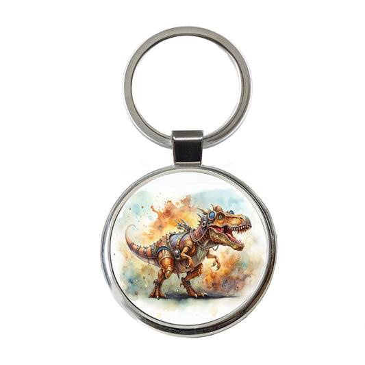 Steampunk T-Rex Dinosaur Fantasy Sci-fi Watercolor Round Metal Keychain