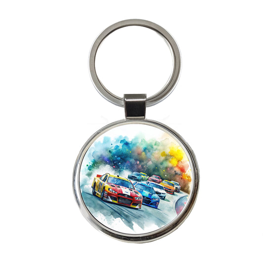 Stock Car Racing Watercolor Round Metal Keychain