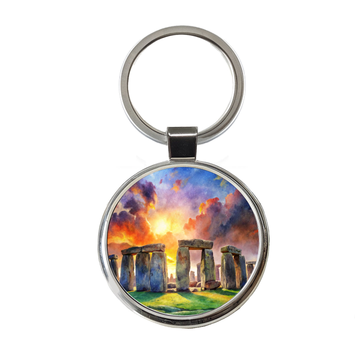 Stonehenge England At Dusk Watercolor Round Metal Keychain