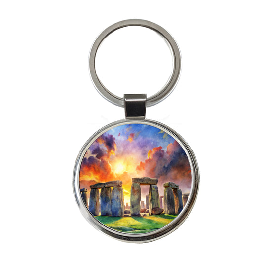 Stonehenge England At Dusk Watercolor Round Metal Keychain