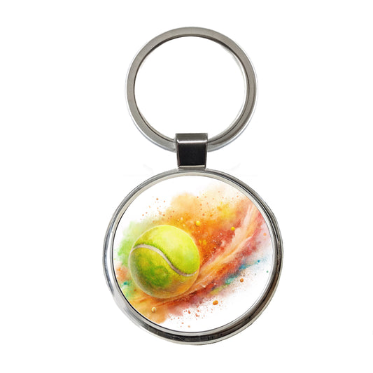 Tennis Ball Rocketing Through The Air Watercolor Round Metal Keychain