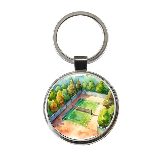 Tennis Court Watercolor Round Metal Keychain