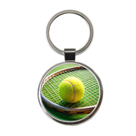 Tennis Racquet and Ball Close-up Round Metal Keychain