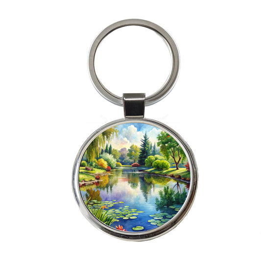 Tranquil Pond Scene Watercolor Round Metal Keychain