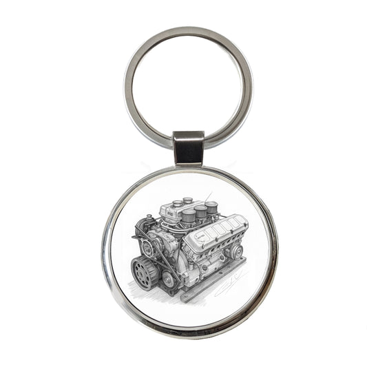 V8 Car Engine Sketch Round Metal Keychain