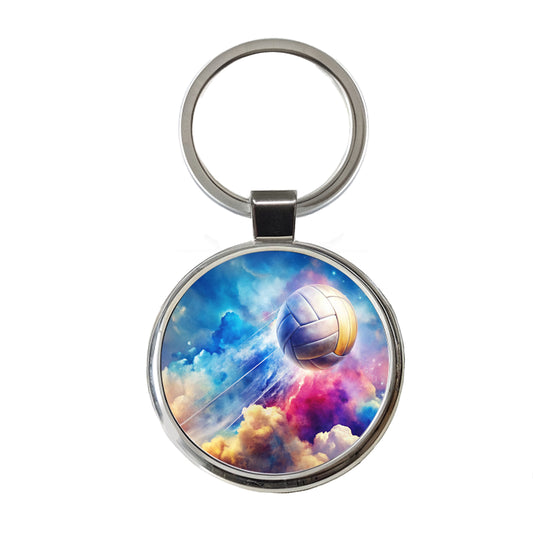 Volleyball Ball Rocketing Through The Sky Watercolor Round Metal Keychain
