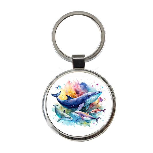 Whales Family Colorful Watercolor Round Metal Keychain