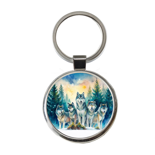 Wolfpack Snowy Forest Wolf Scene Watercolor Round Metal Keychain