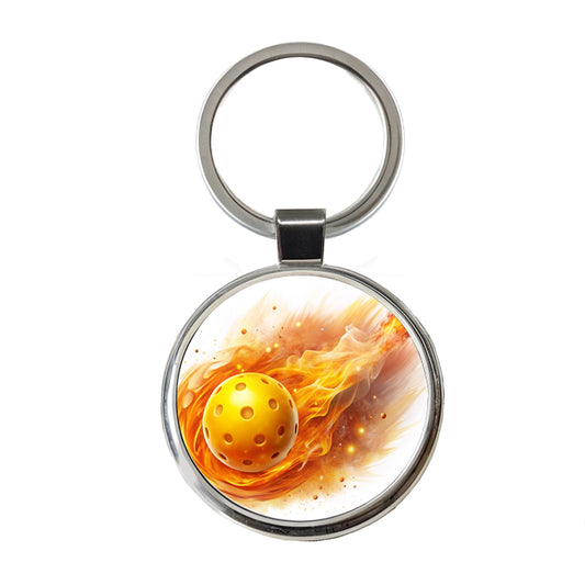 Yellow Pickleball Ball Rocketing Through The Air Round Metal Keychain