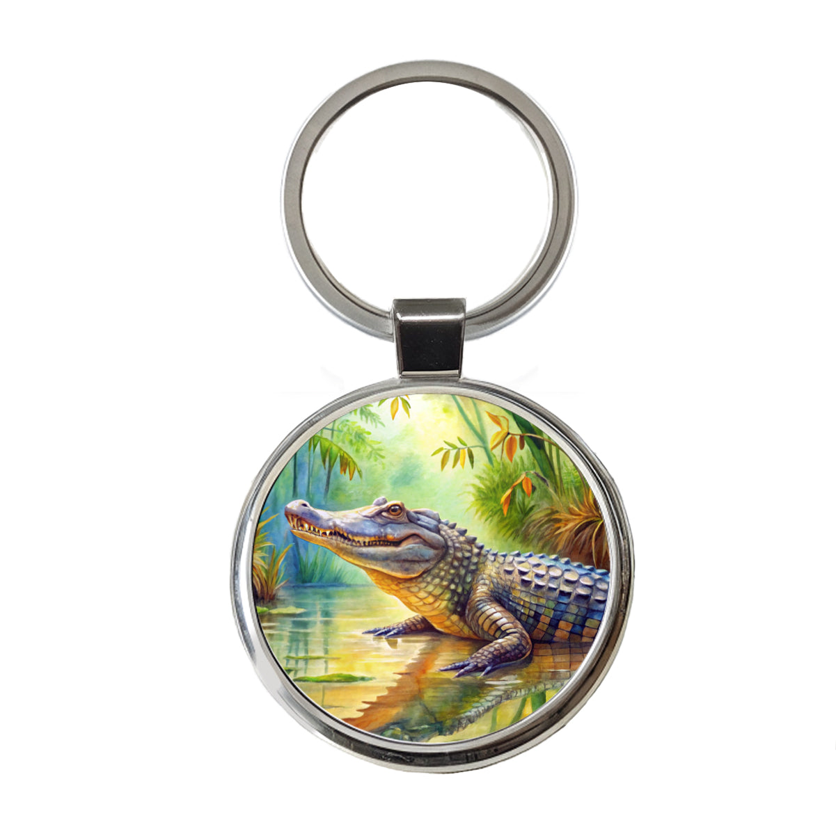 Alligator Crocodile In Swamp Round Metal Keychain