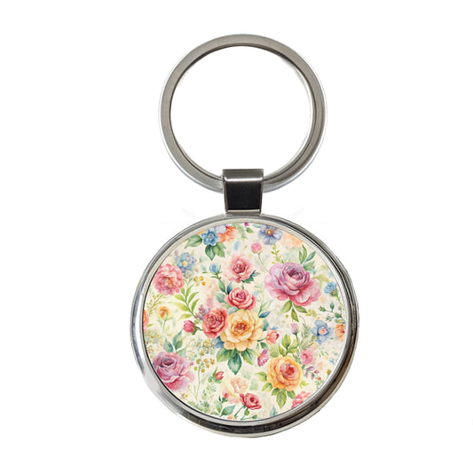 Ditsy Floral Flowers Pattern Round Metal Keychain