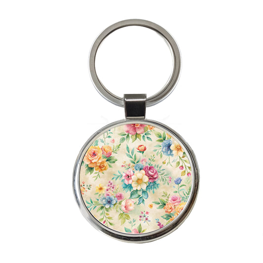 Ditsy Floral Flowers Wallpaper Round Metal Keychain