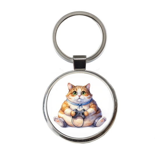 Fat Gamer Kitty Round Metal Keychain