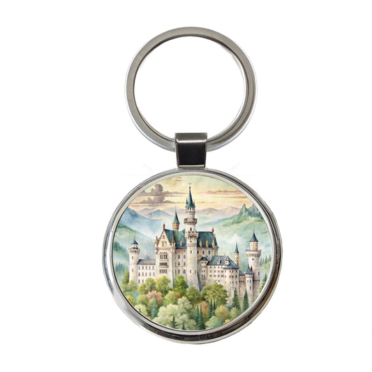 German Castle Watercolor Beautiful Neuschwanstein Round Metal Keychain